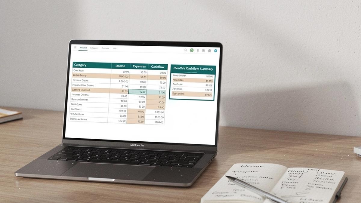 Illustration: Budgetplanung und Cashflow-Übersicht auf einem Laptop mit Notizen